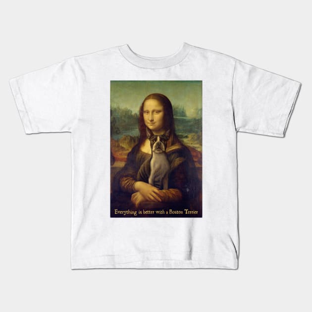 Mona Lisa with Boston Terrier Kids T-Shirt by dogvincidesign